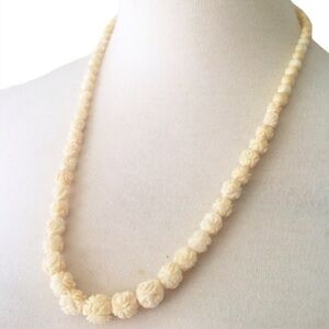 Vintage Ivory Deeply Carved Rose Bone Beaded Necklace